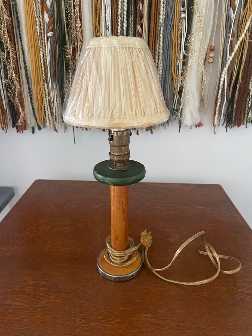 Wooden bobbin lamp with shade - country look